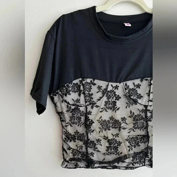 Black Lace Sweetheart Ruched Top, Women’s Floral Lace Overlay Blouse, Size Small - Picture 3 of 15